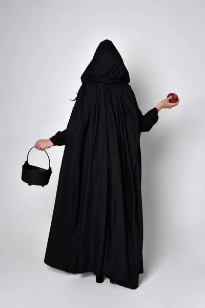 Pełnowymiarowy Portret Ciemnowłosej Kobiety Czarnym Wiktoriańskim Kostiumie Czarownicy Płaszczem Spiczastym — Zdjęcie stockowe