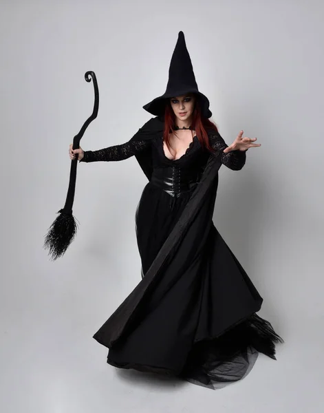 Full Length Portrait Dark Haired Woman Wearing Black Victorian Witch — Stock Photo, Image