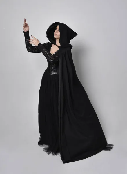 Full Length Portrait Dark Haired Woman Wearing Black Victorian Witch — Stock Photo, Image