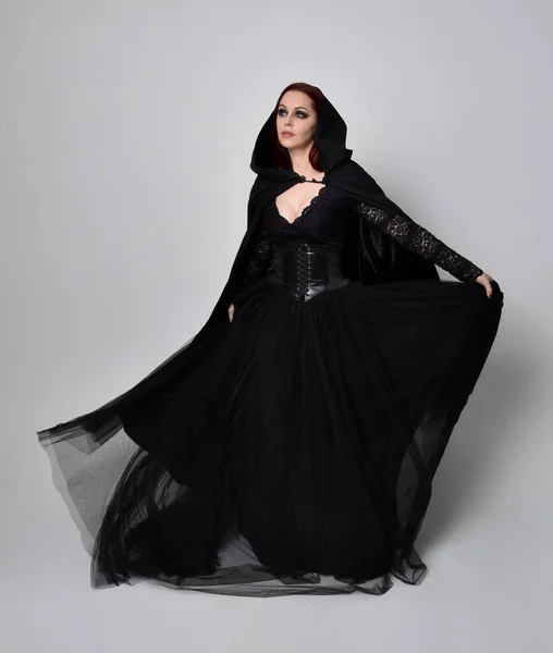 Full Length Portrait Dark Haired Woman Wearing Black Victorian Witch — Stock Photo, Image