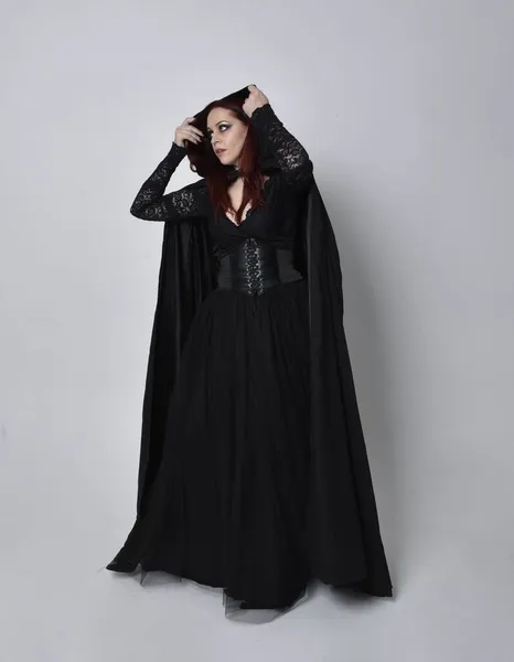 Full Length Portrait Dark Haired Woman Wearing Black Victorian Witch — Stock Photo, Image