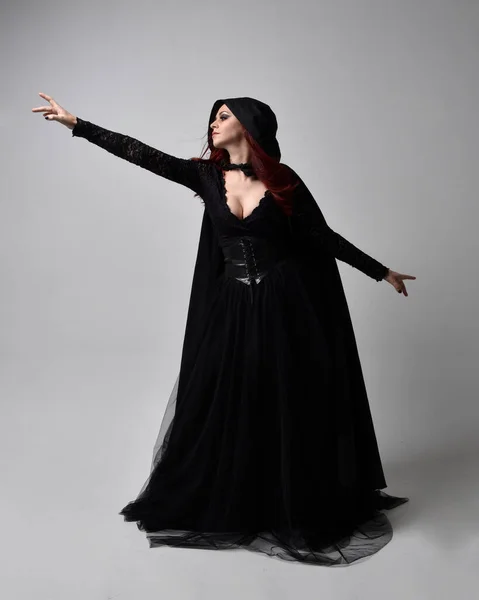 Full Length Portrait Dark Haired Woman Wearing Black Victorian Witch — Stock Photo, Image