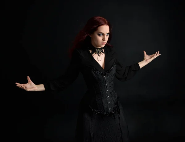 Close Portrait Red Haired Woman Wearing Black Victorian Witch Costume — Stock Photo, Image