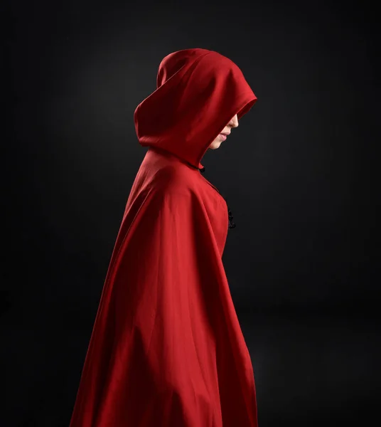 Close Portrait Girl Wearing Red Riding Hood Cloak Witch Costume — Stock Photo, Image