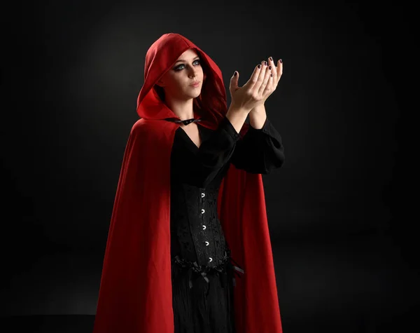 Close Portrait Girl Wearing Red Riding Hood Cloak Witch Costume — Stock Photo, Image