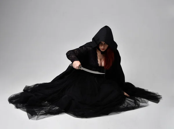 Full Length Portrait Dark Haired Woman Wearing Black Victorian Witch — Stock Photo, Image