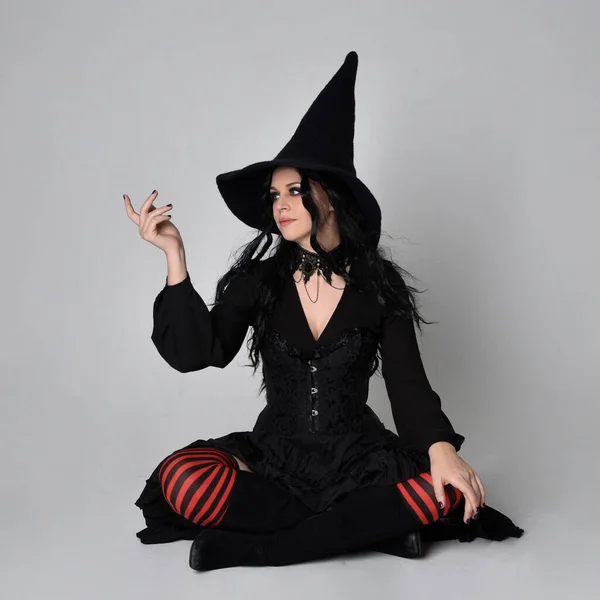 Full Length Portrait Dark Haired Woman Wearing Black Victorian Witch — Stock Photo, Image