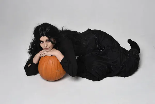 Full Length Portrait Dark Haired Woman Wearing Black Victorian Witch — Stock Photo, Image