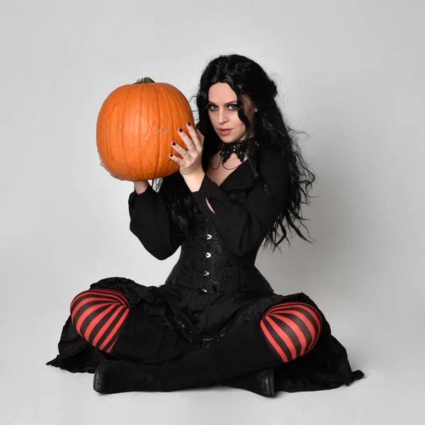 Full Length Portrait Dark Haired Woman Wearing Black Victorian Witch — Stock Photo, Image