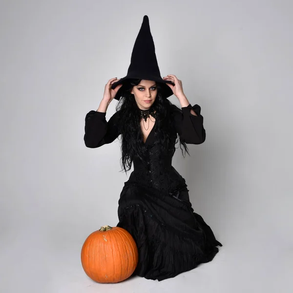 Full Length Portrait Dark Haired Woman Wearing Black Victorian Witch — Stock Photo, Image