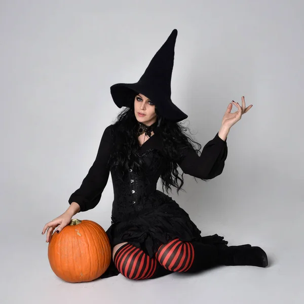 Full Length Portrait Dark Haired Woman Wearing Black Victorian Witch — Stock Photo, Image