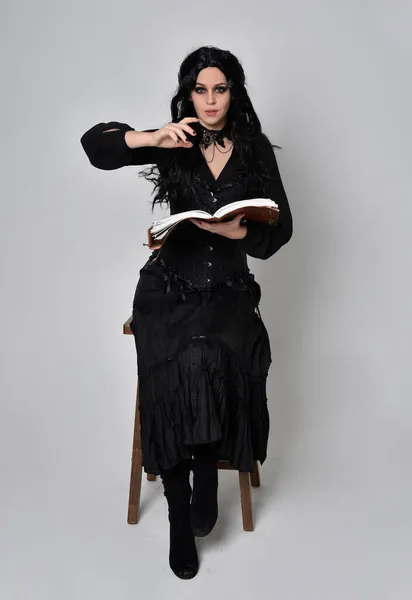 Full Length Portrait Dark Haired Woman Wearing Black Victorian Witch — Stock Photo, Image