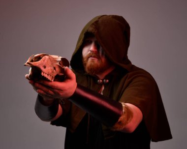  Ortaçağ Viking 'i giymiş kızıl saçlı bir adamın portresi kapüşonlu ve yüz boyalı fantezi kostümlü, pagan ayininde koyun kafatası tutan, siluet kenarlı ışıklandırmalı stüdyo arka planı.