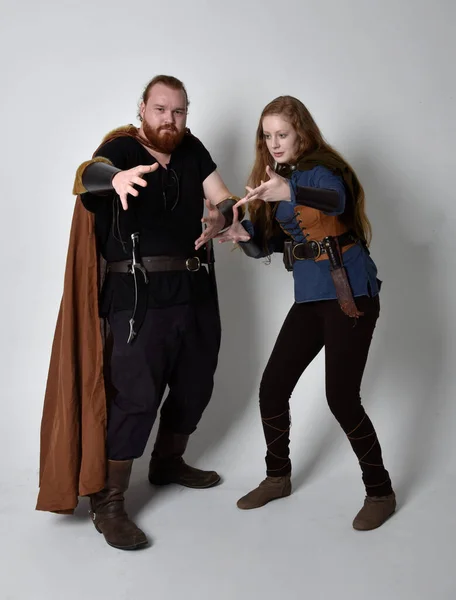 Full Length Portrait Red Haired Couple Man Woman Wearing Medieval — Stock Photo, Image