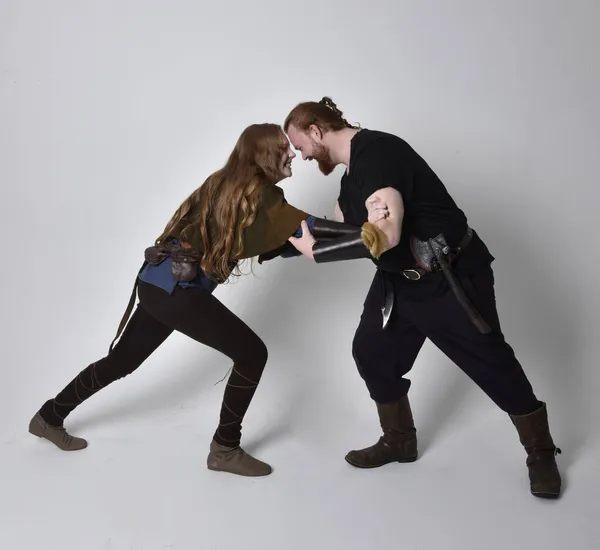 Full Length Portrait Red Haired Couple Man Woman Wearing Medieval — Stock Photo, Image