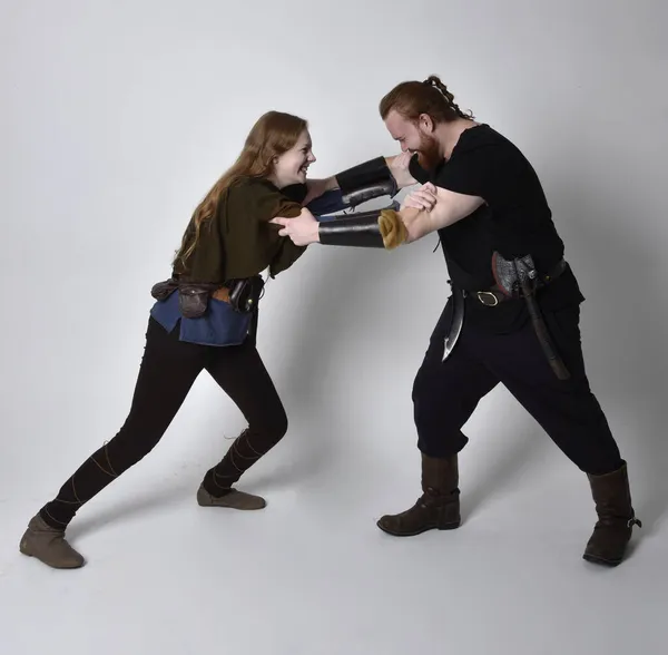 Full Length Portrait Red Haired Couple Man Woman Wearing Medieval — Stock Photo, Image