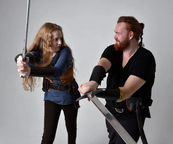 Full Length Portrait Red Haired Couple Man Woman Wearing Medieval — Stock Photo, Image