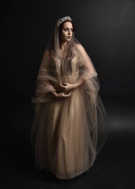 Peri tanrıçası kostümü gibi kremalı bir fantezi elbisesi giyen kızıl saçlı kızın tam boy portresi. Stüdyonun arka planında izole edilmiş zarif hareketli duruş..