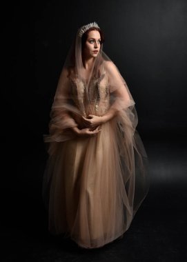 Full length  portrait of red haired  girl wearing a creamy fantasy gown like a fairy goddess costume.  standing  pose with elegant gestural movement , isolated on dark studio background. clipart