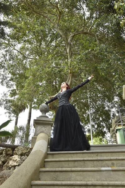 Portrait Pretty Female Model Red Hair Wearing Glamorous Gothic Black — Zdjęcie stockowe