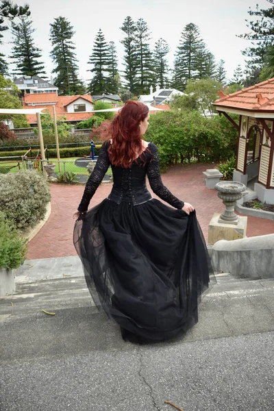 Portrait Pretty Female Model Red Hair Wearing Glamorous Gothic Black — Zdjęcie stockowe