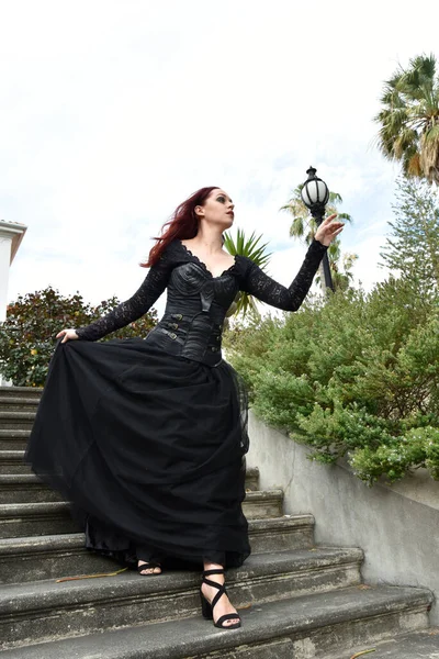 Portrait Pretty Female Model Red Hair Wearing Glamorous Gothic Black — Fotografia de Stock