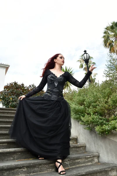 Portrait Pretty Female Model Red Hair Wearing Glamorous Gothic Black — Fotografia de Stock