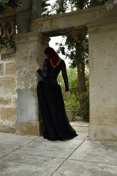 Portrait Pretty Female Model Red Hair Wearing Glamorous Gothic Black — Fotografia de Stock