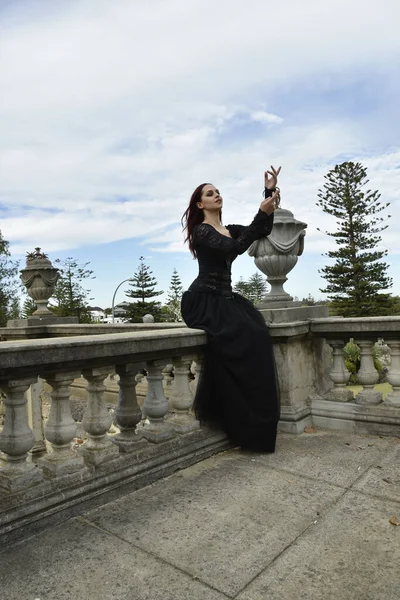 Portrait Pretty Female Model Red Hair Wearing Glamorous Gothic Black — Zdjęcie stockowe