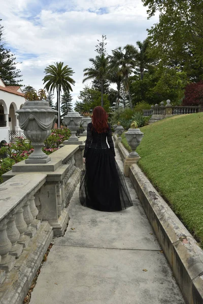 Portrait Pretty Female Model Red Hair Wearing Glamorous Gothic Black — Fotografia de Stock