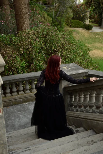 Portrait Pretty Female Model Red Hair Wearing Glamorous Gothic Black — Zdjęcie stockowe