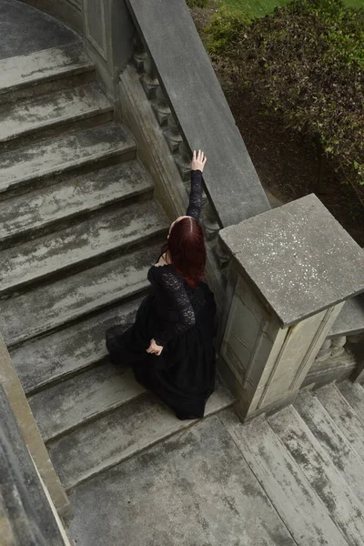 Portrait Pretty Female Model Red Hair Wearing Glamorous Gothic Black — Fotografie, imagine de stoc