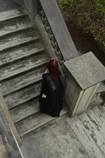 Portrait Pretty Female Model Red Hair Wearing Glamorous Gothic Black — Fotografia de Stock