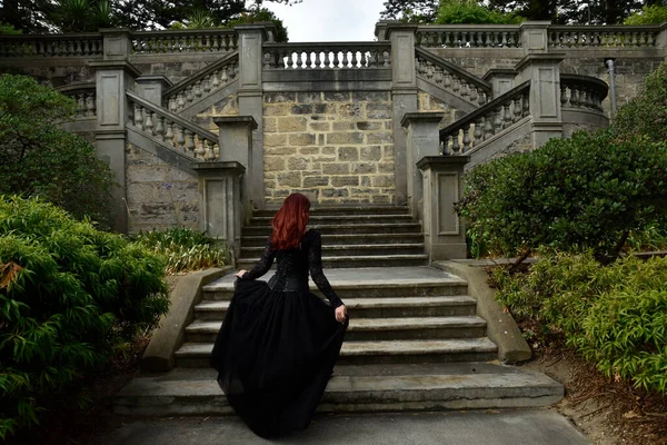 Portrait Pretty Female Model Red Hair Wearing Glamorous Gothic Black — Stock Fotó