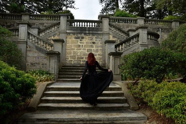 Portrait Pretty Female Model Red Hair Wearing Glamorous Gothic Black — Stock Fotó