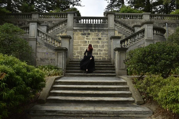 Portrait Pretty Female Model Red Hair Wearing Glamorous Gothic Black — Fotografia de Stock