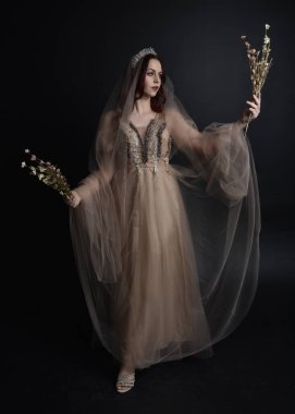 Kızıl saçlı, göz kamaştırıcı fantezi tül cübbe ve taç giyen güzel bir kadın modelin tam boy portresi. Huysuz, karanlık bir geçmişi olan poz vermek..