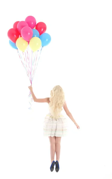 Parti Elbisesi Giymiş Elinde Renkli Balonlar Tutan Sarışın Kızın Tam — Stok fotoğraf