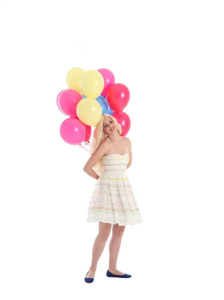 Dlouhý Portrét Blondýnky Oblečené Společenských Šatů Držící Hromadu Barevných Balónků — Stock fotografie