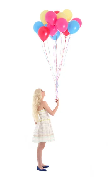 Портрет Блондинки Вечірній Сукні Тримає Купу Різнокольорових Кульок Ізольовані Білому — стокове фото