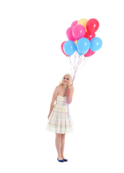 Полноразмерный Портрет Блондинки Вечернем Платье Кучей Разноцветных Воздушных Шаров Изолированный — стоковое фото