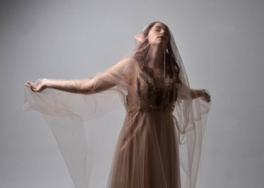  Kızıl saçlı, çekici fantezi tül cübbe, taç ve kefen peçeli güzel bir kadın modelin tam boy portresi. Stüdyo arka planında hareketli kollarla poz vermek