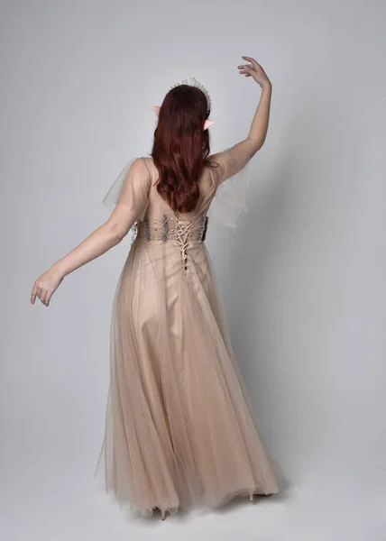 매력적 환상의 털옷을 왕관을 모델의 초상화 스튜디오 배경에 육체미의 — 스톡 사진