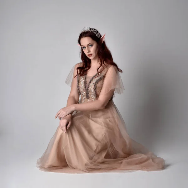 매력적 환상의 털옷을 왕관을 베일을 아름다운 모델의 초상화 스튜디오 배경에 — 스톡 사진