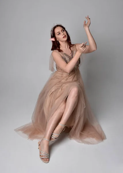 매력적 환상의 털옷을 왕관을 모델의 초상화 스튜디오 배경에 — 스톡 사진