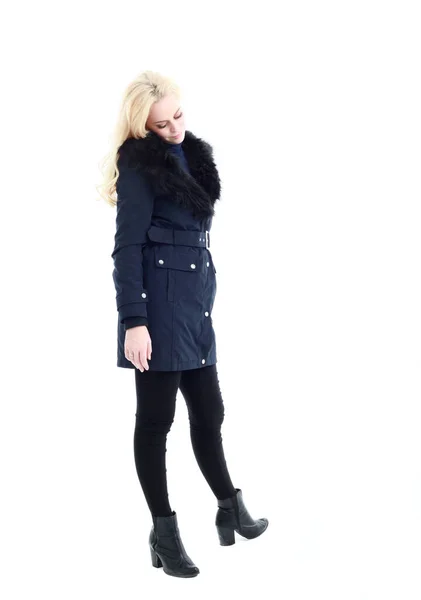 Full Length Portrait Blonde Woman Wearing Long Winter Coat Casual — Stock Photo, Image