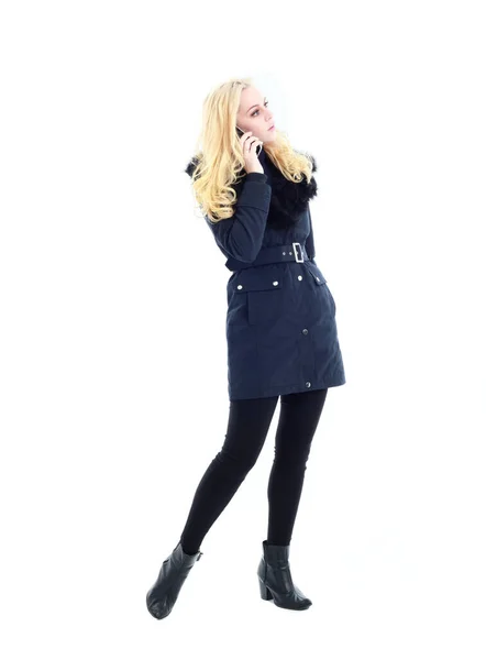 Full Length Portrait Blonde Woman Wearing Long Winter Coat Casual — Stock Photo, Image