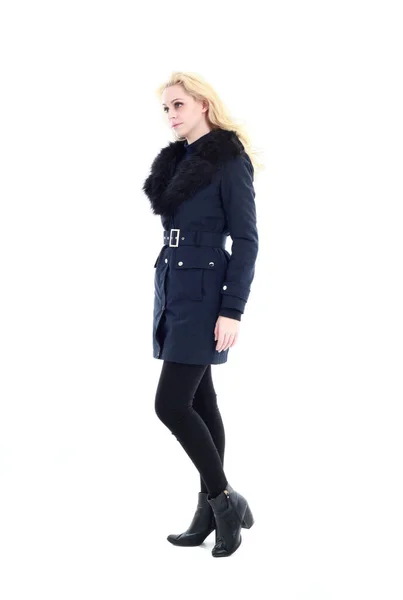 Full Length Portrait Blonde Woman Wearing Long Winter Coat Casual — Stock Photo, Image