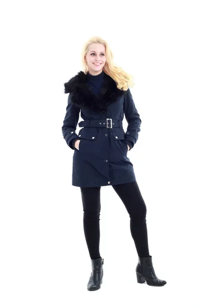 Full Length Portrait Blonde Woman Wearing Long Winter Coat Casual — Stock Photo, Image