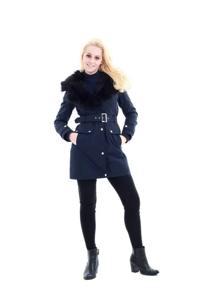 Volledig Portret Van Een Blonde Vrouw Een Lange Winterjas Casual — Stockfoto